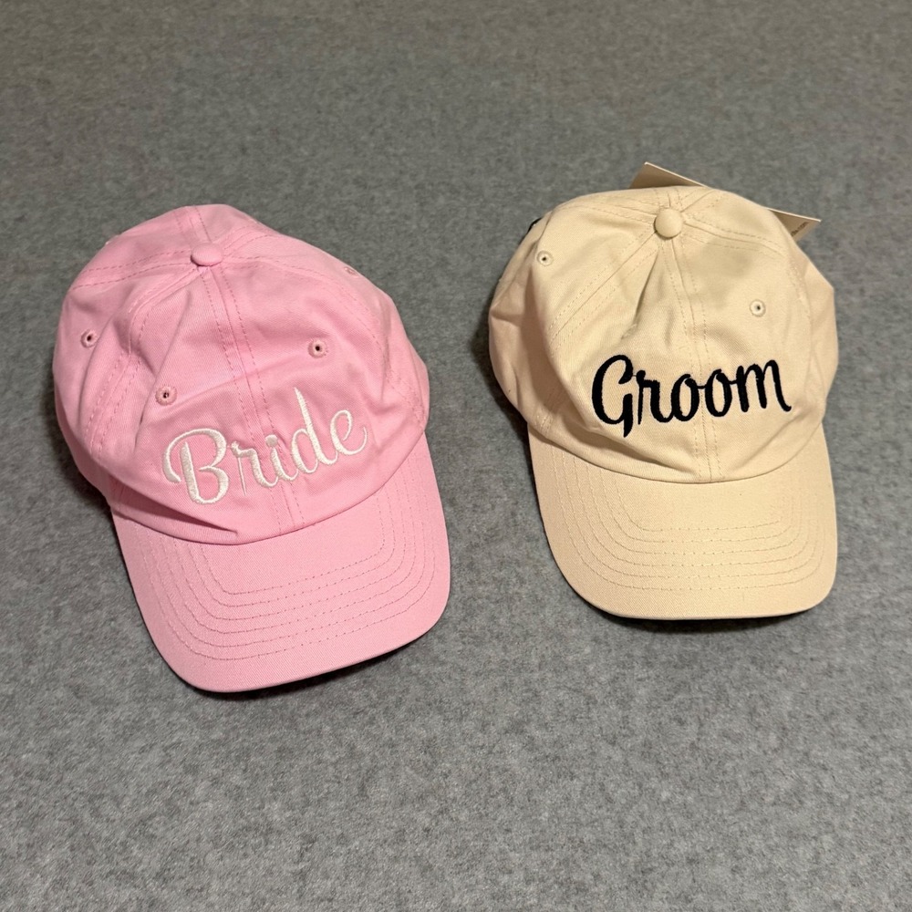 DALIX Bride Groom Dad Hats Baseball Caps Newlywed Wedding Party Gift Pink & Tan